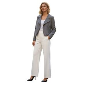 Louben Grey Wool Silk Blend Tweed Moto Jacket Asymmetrical Zip Canada 2 $295